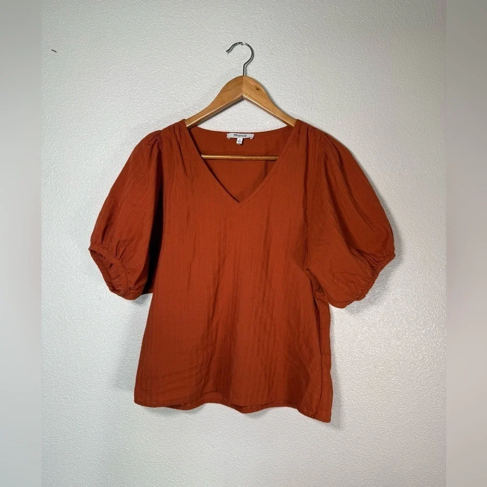 Madewell V-Neck Puff-Sleeve Top, XS, Textured Stripe/Rusty Torch B13